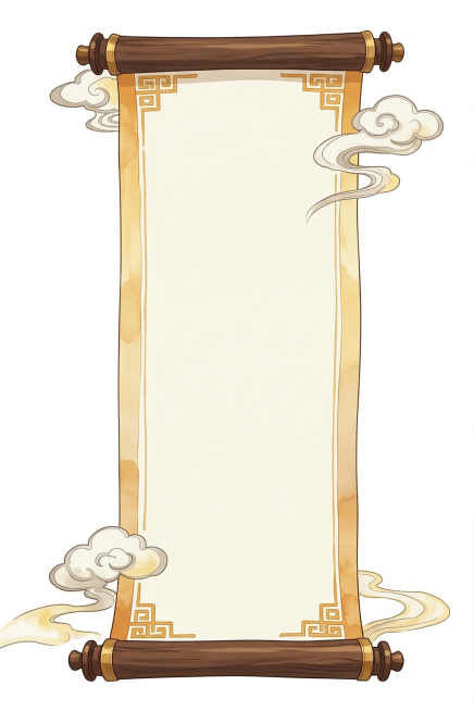竖向空白卷轴，将绿色花纹边框全部改为黄色，保持整体木质黄色调性，二次元动漫风格，卷轴内部保持干净空白无图案，白色背景预览效果