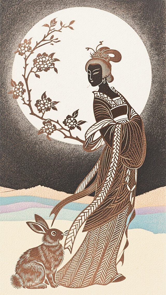 皮影风与剪影风交织，古典中式人物在明月与花枝下静谧伫立，玉兔相伴，营造出梦幻优雅的文艺意境。