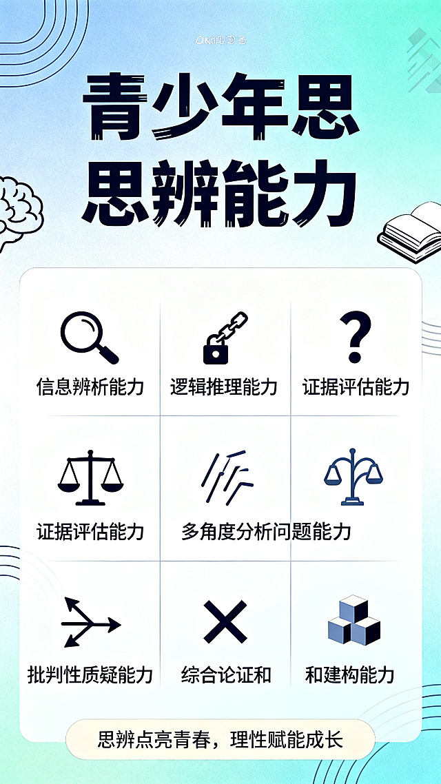 制作一张青少年思辨能力主题的宣传海报，整体是简约校园风、清新文艺风格，适合中小学社团宣传。背景为简约浅蓝色到青绿色渐变，点缀简约几何线条、大脑轮廓、问号、书本这些轻盈元素。海报顶部是加粗深色艺术字体主标题"青少年思辨能力"。海报中间是六宫格分区排版，每格分别列出一项思辨能力：信息辨析能力、逻辑推理能力、证据评估能力、多角度分析问题能力、批判性质疑能力、综合论证和建构能力，每个项目搭配对应简约小图标。海报底部有浅色标语，整体干净高级。分辨率：2K。