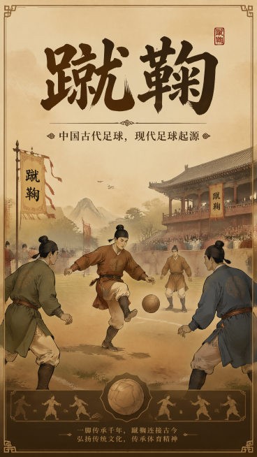 中国古代足球运动蹴鞠主题海报，主标题写"蹴鞠"，副标题写"中国古代足球，现代足球起源"，国风传统风格，版式精美，古代户外运动场景，古朴大气氛围，整体配色协调，清晰展示文字信息预览效果