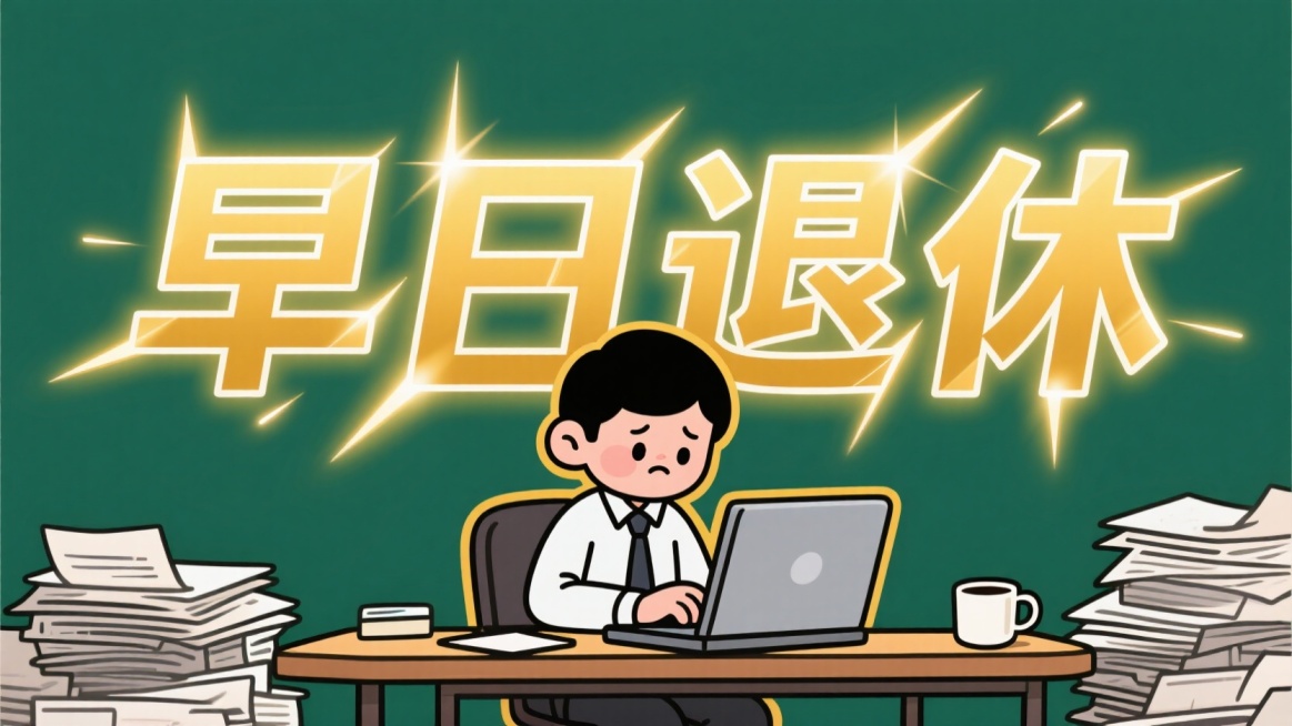 背后大字“早日退休”，有一个打工小人在看电脑，深绿色背景预览效果
