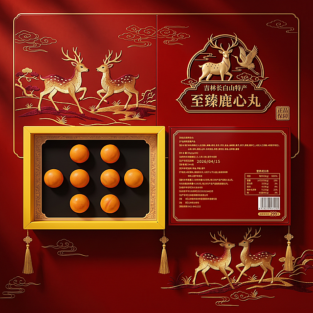 东北特产产品主图，中国风红色系，带有梅花鹿元素，展示这款鹿心丸礼盒，整体风格喜庆高档，1:1正方形构图
