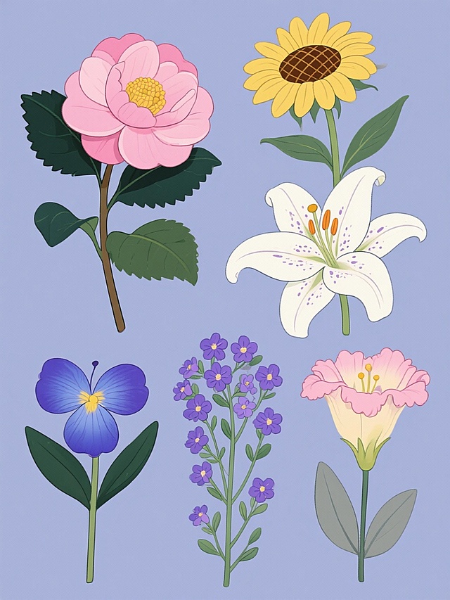 手绘插画风格，纯色背景，画面整体色彩变换，规整排布六个完全不同元素内容的系列花卉素材集合。每朵花都具有清晰的线条勾勒，平滑的色块填充，适度的光影过渡，展现出与原图一致的手绘质感。第一幅是粉色山茶花，花瓣层层叠叠，中心点缀黄色花蕊，搭配深绿色锯齿状叶片；第二幅是黄色小葵花，花盘饱满，放射状排列的黄色花瓣，花盘中心为棕色网格状，带有细长的绿色花茎和心形叶片；第三幅是白色百合花，六片舒展的花瓣，花瓣上有淡紫色斑点，花蕊为橙黄色，花茎细长，伴有披针形绿叶；第四幅是紫色满天星，细小的紫色花朵簇拥成球状，绿色细小花茎上布满小巧叶片；第五幅是蓝紫色紫罗兰，花瓣呈蝴蝶状，色彩由深至浅渐变，黄色花蕊，叶片为长圆形深绿色；第六幅是洋桔梗，粉色花瓣边缘带有波浪状褶皱，花蕊为淡黄色，花茎挺直，叶片呈灰绿色卵形。整体构图平衡，花卉形态自然生动，色彩明快和谐，符合手绘插画的清新风格。