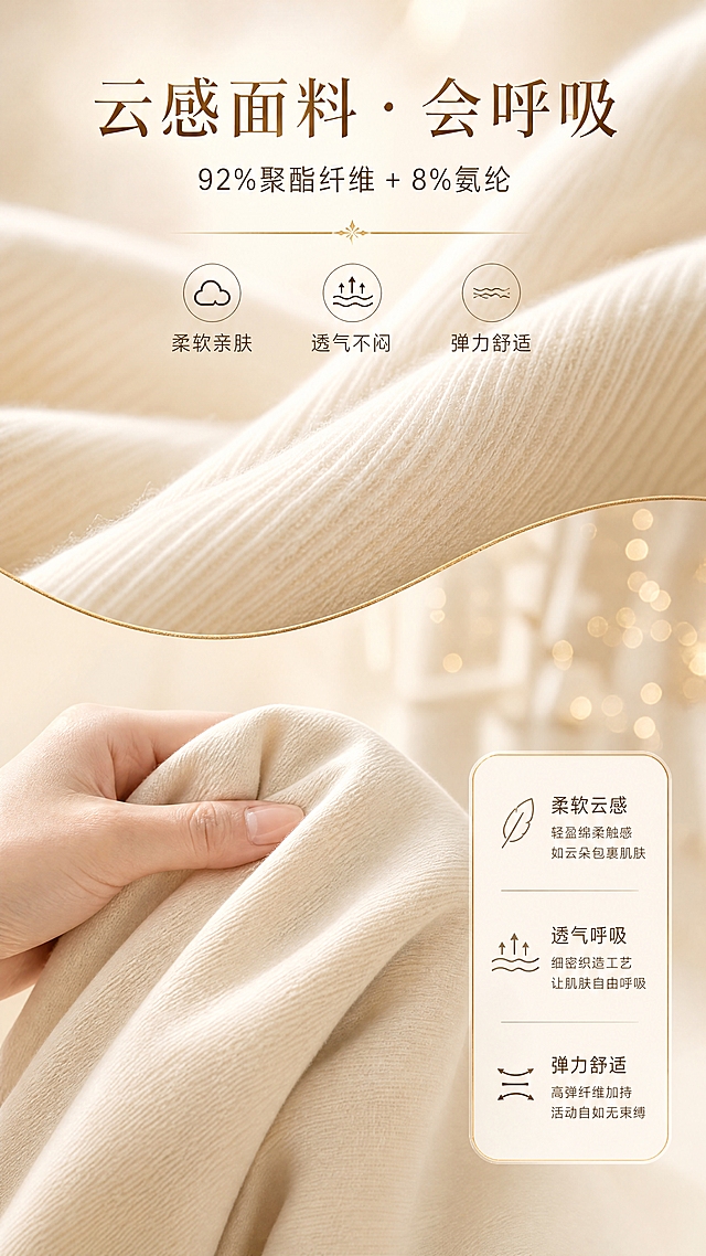 [商品] 使用【图1】米杏色云感阔腿裤；商品处理：保留面料纹理、颜色与材质感；放大面料细节，增强织物质感与柔软蓬松感，不改变面料成分表现。
[画面] 目标：面料细节页，展示云感材质的柔软透气。构图：竖版9:16，上半部分面料微距特写占55%，下半部分手部轻触面料的动作场景；前景面料纹理微距，中景手指轻捏面料展示柔软度，后景浅米色朦胧背景+金色光点装饰。阅读动线：顶部标题→中部面料微距→底部触感说明。
[视觉] 套系策略：风格=高级轻奢女装商业摄影风；标题字=纤细优雅衬线体+轻描边；正文字=简洁现代无衬线体；主色=浅米色；背景延展=基于浅米色做深浅渐变、同色系层次与细腻织物/哑光墙面质感；强调色=香槟金色，仅用于细线、图标、标签边框和局部高光；标题色=深棕金；正文色=暖灰棕；组件=圆角浅金描边信息卡、细金线引线、小面积金箔质感装饰；光影=左前侧暖柔光，右侧金色轮廓光，柔和自然阴影。
[文字] 顶部主标题「云感面料 · 会呼吸」，副标题「92%聚酯纤维 + 8%氨纶」，下方3个卖点：柔软亲肤 / 透气不闷 / 弹力舒适；文字横排，分布在画面下方与右侧，不遮挡面料微距主体。
[规格] 图片比例9:16竖版，4K分辨率，负向提示：避免变形、错字、文字过小、冷蓝背景、面料失真、白底孤立、极限词。