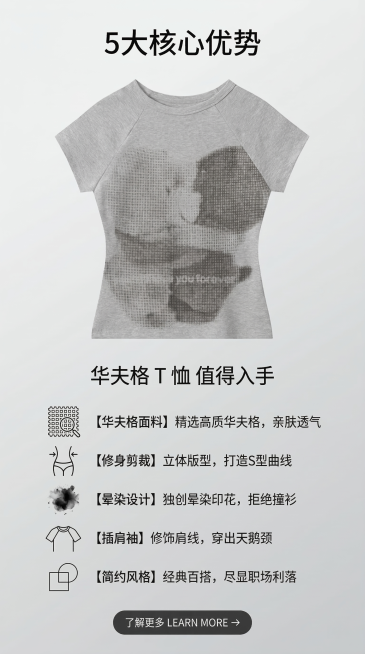 9:16竖版构图，画面上半部分展示严格还原上传产品图细节的浅灰色华夫格短袖T恤，1:1还原完整形态，不变形不改色，下半部分用图标+文字的形式罗列5大核心卖点：华夫格面料、修身剪裁、晕染设计、插肩袖、简预览效果