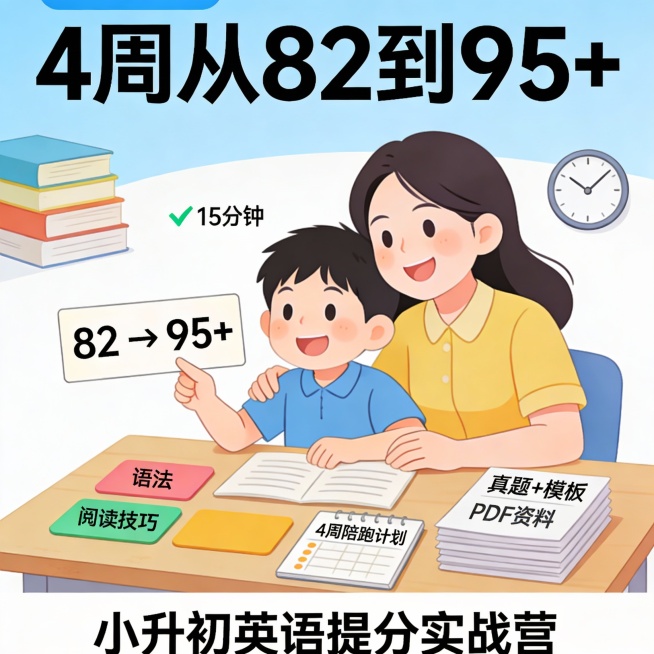 1:1 教育类小红书商品主图，清新明亮风格。

画面：一位中国妈妈和六年级儿子在书桌前开心学习，男孩手指一张写着“82 → 95+”的成绩提升卡片。

桌面摆放：彩色学习工具卡（标有“语法”“阅读技巧预览效果