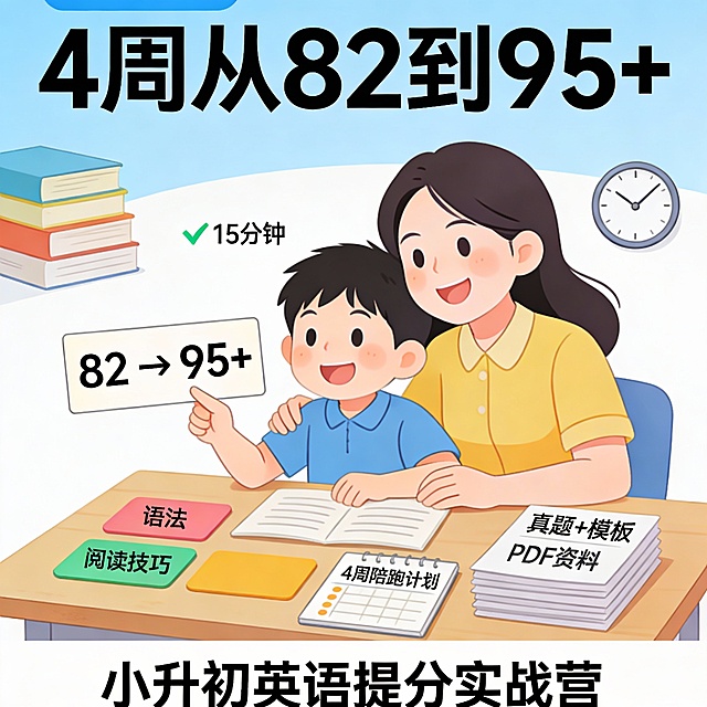 1:1 教育类小红书商品主图，清新明亮风格。

画面：一位中国妈妈和六年级儿子在书桌前开心学习，男孩手指一张写着“82 → 95+”的成绩提升卡片。

桌面摆放：彩色学习工具卡（标有“语法”“阅读技巧”）、一本写有“4周陪跑计划”的日程本、一叠印有“真题+模板”的PDF资料。

背景：浅蓝+白色，点缀书本、时钟（显示15分钟）、对勾图标。

顶部大字：“4周从82到95+”，底部文字：“小升初英语提分实战营”。

风格：扁平插画，温暖可信，类似小红书爆款教育笔记，人物为友好卡通形象，画面干净无杂乱。