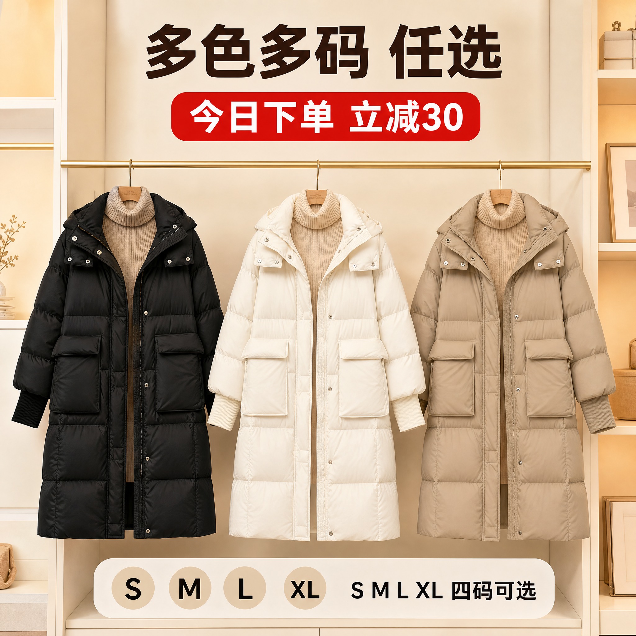 [主图-5] 主题：奶白色长款羽绒服多色多尺码展示+性价比促销… - 图片创意预览
