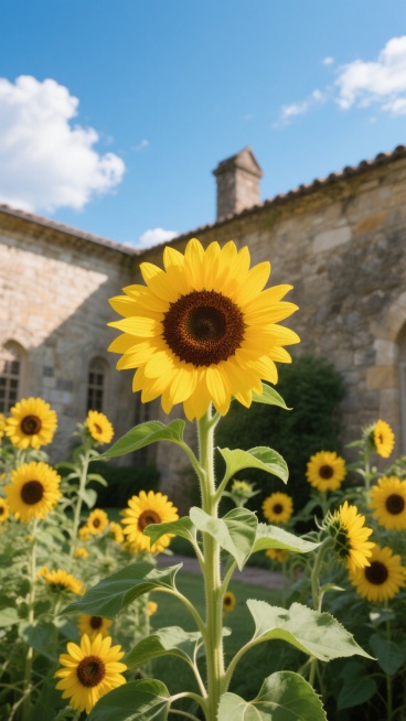 一张向日葵特写的摄影照片，画面中央是一朵巨大的、盛开的向日葵，花瓣呈现明亮的黄色，中心是深棕色的花盘，周围环绕着多朵大小不一的向日葵，绿色的茎秆和叶片清晰可见，背景改为一片古朴的欧式石墙庭院，午后的阳光从斜上方照射下来，在花瓣上形成明亮的高光和自然的阴影，天空呈现出清澈的蓝色，点缀着几朵白色的云朵，整体画面色彩鲜艳、清晰锐利，充满生机与温暖的氛围。预览效果