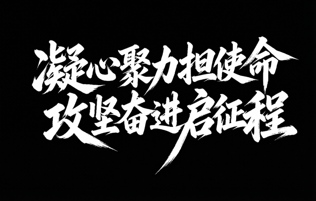 参照参考图的书法笔触张力风格，重新设计“凝心聚力担使命 攻坚奋进启征程”白色毛笔字，强化笔画的粗细落差、笔锋的凌厉延伸和飞白质感，文字排列错落有动感，背景为纯黑色，整体视觉张力和参考图风格一致。预览效果