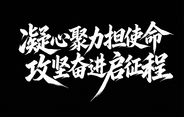 参照参考图的书法笔触张力风格，重新设计“凝心聚力担使命 攻坚奋进启征程”白色毛笔字，强化笔画的粗细落差、笔锋的凌厉延伸和飞白质感，文字排列错落有动感，背景为纯黑色，整体视觉张力和参考图风格一致。