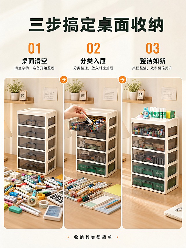 [商品] 使用【图1】【图3】米白色五层抽屉式收纳柜；保留五层结构、米白色柜体、茶灰色透明抽屉、内嵌拉手；展示从杂乱到整齐的整理过程。
[画面] 第10张·整理过程演示页，目标是展示使用流程和效果。三步流程横向排列构图，用箭头连接三个状态。第一步（左）：桌面上堆满杂乱文具，旁边放着未使用的收纳柜，标注"杂乱桌面"；第二步（中）：正在将文具分类放入各个抽屉，有一只手正在放入马克笔，标注"分类放入"；第三步（右）：所有文具收纳完毕，桌面整洁，收纳柜整齐摆放，标注"焕然一新"。三个步骤在同一书桌场景中递进，画面连贯自然。
[视觉] 套系策略：风格=暖白家居质感商业摄影；标题字=现代无衬线粗黑体；正文字=简洁无衬线体；主色=米白+原木浅棕；背景延展=基于米白做深浅渐变、柔光层次和家居场景质感；强调色=暖橙色，仅用于小面积图标、引线、标签和重点数字；标题色=深墨绿色；正文色=深灰色；组件=圆角浅底信息卡、细线引线、暖橙小图标；光影=暖柔自然光，整体明亮干净。
[文字] 顶部主标题"三步搞定桌面收纳"，大号深墨绿色粗体；三个步骤上方分别标注大号数字"01""02""03"，暖橙色；数字下方为步骤名称："桌面清空""分类入屉""整洁如新"，深墨绿色粗体；每个步骤下方有一行小字说明，深灰色。底部一行小字"收纳其实很简单"，深灰色。所有文字横排。
[规格] 图片比例3:4竖版，4K高清。负向：变形、错字、模糊、步骤不清晰、产品外观不一致、水印、平台Logo。