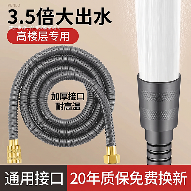 将图片中全部三个灰色螺帽接口精准修改为亮黄铜金色，保留原螺帽的纹理和造型不变，金属质感自然真实，花洒软管和大喷头颜色保持原图不变，所有文字内容、背景均完全保留不做任何修改