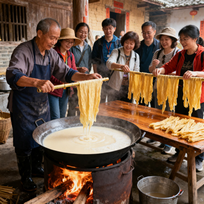 展示客家腐竹非遗参与者的场景：客家乡村传统作坊里，柴火铁锅熬着豆浆，游客在非遗传承人指导下，亲手用竹棍提起豆浆表面的腐竹油皮，桌上挂着已经做好的新鲜腐竹，大家神情专注投入，氛围热闹生动，写实风格，暖色预览效果