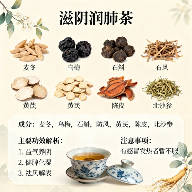 滋阴润肺茶
成分：
麦冬，乌梅，石斛，防风，黄芪，陈皮，北沙参

主要功效解析
1. 益气养阴
2. 健脾化湿
3. 祛风解表

注意事项：有感冒发热者暂不服预览效果