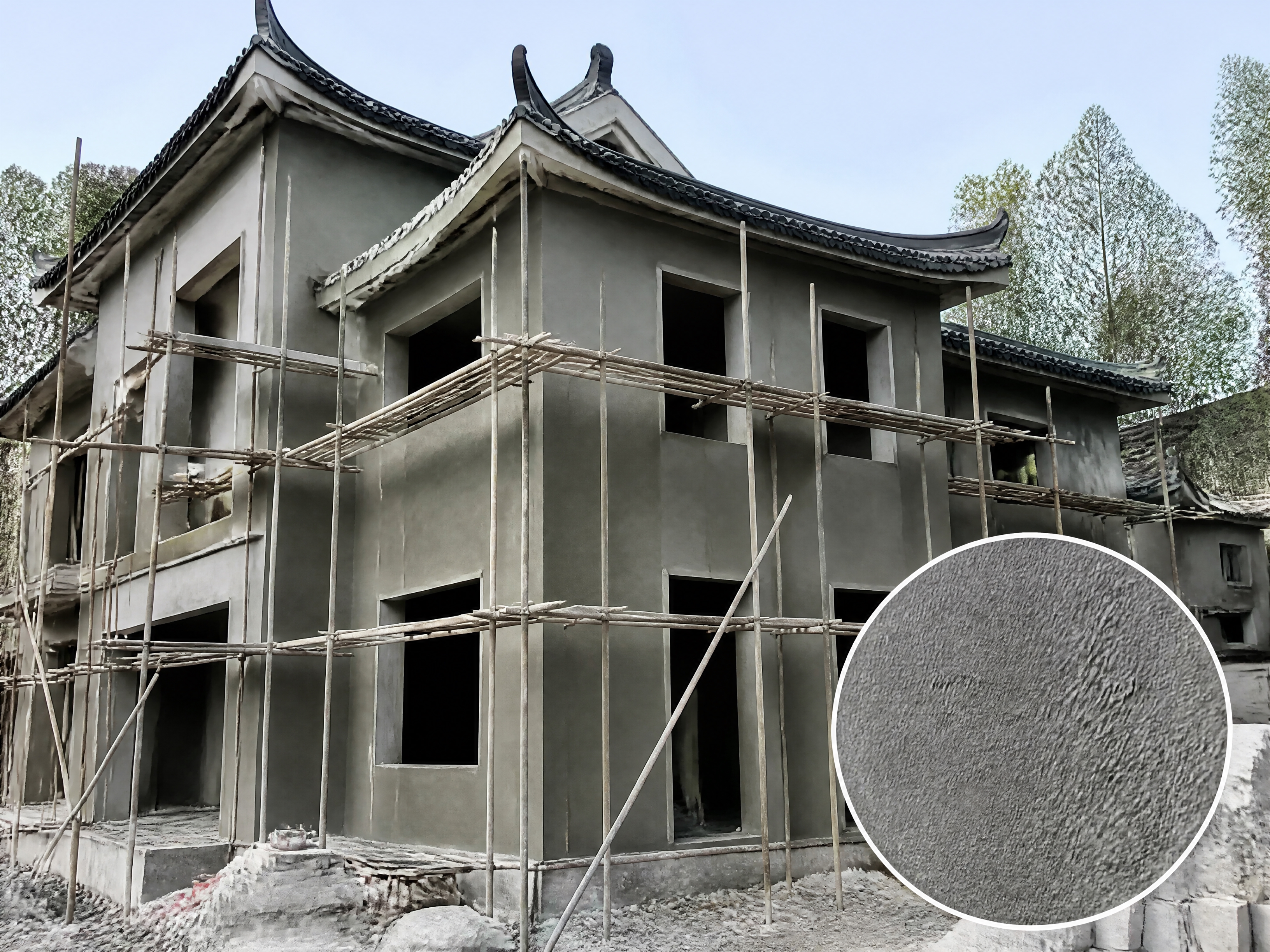 新中式别墅外墙施工现场全景，整栋别墅墙面已抹好灰色水泥砂浆处于… - 图片创意预览