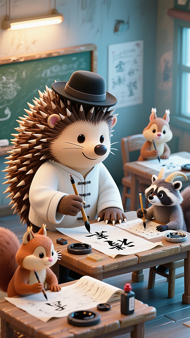 🦔刺猬书法老师开课，小动物学字超认真✍️
