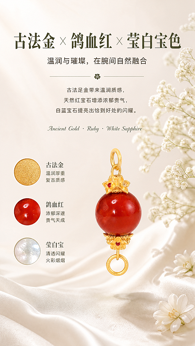 [商品] 使用【图4】悬挂南红圆珠款螺丝扣正面图；100%保留双花头造型、花瓣形状与层数、南红圆珠色泽、天然红宝石与白蓝宝石的位置和数量、古法金砂面磨砂肌理、足金黄铜原色（完全参照参考图3的黄金颜色）、上下圆环形状与大小、活环连接方式；去除顶部透明鱼线，鱼线完全消除不留痕迹；禁止改结构、变形、重绘、发白过曝，古法金砂面质感清晰还原。
[画面] 页面目标：色彩解析页，讲三色融合；构图：顶部大标题+副标题+三行居中正文+英文小字+四叶小花分隔；下方左侧三个圆形色卡竖排，右侧产品大图（南红款自然悬浮，去鱼线后）；背景右侧点缀白色满天星干花和白色花朵，丝绸铺底，底色与参考图1完全一致；阅读动线：顶部标题→正文→左侧色卡→右侧产品。
[视觉] 套系策略：风格=法式复古轻奢珠宝风（背景底色与参考图1、2完全相同）；标题字=宋体衬线粗体；正文字=黑体无衬线常规体；主色=米白暖调#F5F0E8（与参考图1底色完全一致）；背景延展=米白到浅米黄的柔和渐变，米白色丝绸自然褶皱铺底，右侧白色满天星干花+白色小花点缀，整体暖调柔焦；强调色=橄榄绿#7A8B6F；标题色=深橄榄绿#5A6B4F；正文色=深棕灰#6B6358；组件=细线分隔+四叶小花装饰+圆形色卡；光影=左上方45°柔暖自然光，产品投下柔和投影，黄金磨砂肌理与参考图3完全一致。
[文字] 顶部居中：大标题"古法金 × 鸽血红 × 莹白宝色"（粗宋大号）；副标题"温润与璀璨，在腕间自然融合"（黑体）；三行正文"古法足金带来温润质感，""天然红宝石增添浓郁贵气，""白蓝宝石提亮出恰到好处的闪耀。"（黑体）；英文小字"Ancient Gold · Ruby · White Sapphire"（衬线斜体）；四叶小花分隔；左侧三个圆形色卡竖排：●古法金/温润厚重/复古质感；●鸽血红/浓郁深邃/贵气天成；●莹白宝/清透闪耀/火彩熠熠；所有文字横排，不遮挡产品主体。
[规格] 图片宽度850px，高度约1500px（竖版），分辨率4K；负向提示：避免鱼线残留、产品变形、改结构、重绘花朵造型、发白过曝、死黑阴影、冷蓝背景、文字竖排、文字遮挡产品、南红色泽偏差、古法金磨砂肌理丢失、拼图感、黄金颜色偏亮偏白。