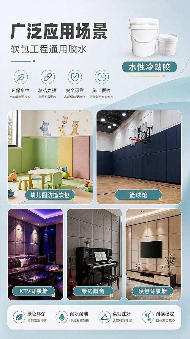 [商品] 使用【图3】白色塑料桶（大小桶组合）；保留白色桶身、桶盖、提手结构、桶身比例和材质；修复桶身污渍，使桶身干净，不改变外形。产品桶缩小放在画面右上角，占画面12%，作为产品标识。
[画面] 应用场景页，目标展示多场景适用。主体为5个场景小图宫格排列（2+3布局）：幼儿园防撞软包、篮球馆墙面、KTV背景墙、琴房隔音墙、硬包背景墙，每个场景图配标签；背景为浅蓝灰色渐变，营造丰富的应用场景感。
[视觉] 套系策略：风格=工业环保风商业摄影；标题字=粗黑无衬线黑体；正文字=简洁无衬线黑体；主色=浅蓝绿（青绿色）；背景延展=基于浅蓝绿做深浅渐变、同色系层次和细腻哑光质感；强调色=橙黄色，仅用于小面积图标、引线和重点标签；标题色=深炭灰；正文色=中灰；组件=圆角信息卡、细线图标、色块分区；光影=左前侧柔和主光，右侧补光，场景图有自然边框。
[文字] 左上主标题：广泛应用场景；副标题：软包工程通用胶水；5个场景分别标注：幼儿园防撞软包、篮球馆、KTV背景墙、琴房隔音、硬包背景墙；右上角产品桶旁标注：水性冷贴胶；所有文字横排。
[规格] 图片比例9:16竖版，分辨率4K，quality=medium，避免变形、错字、文字过小、极限词。