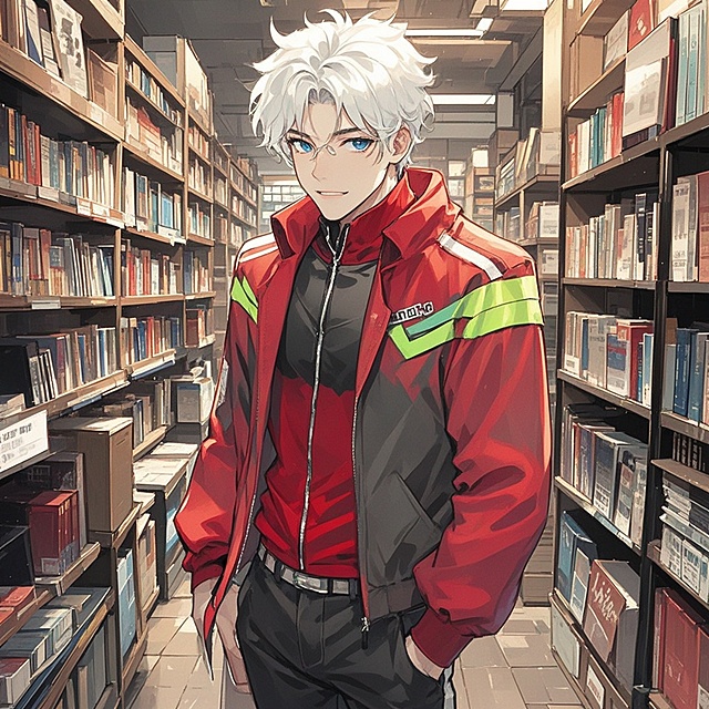 现代感动漫风，机能风设计，角色身着红色夹克，置身书海，展现科技与文化的融合。