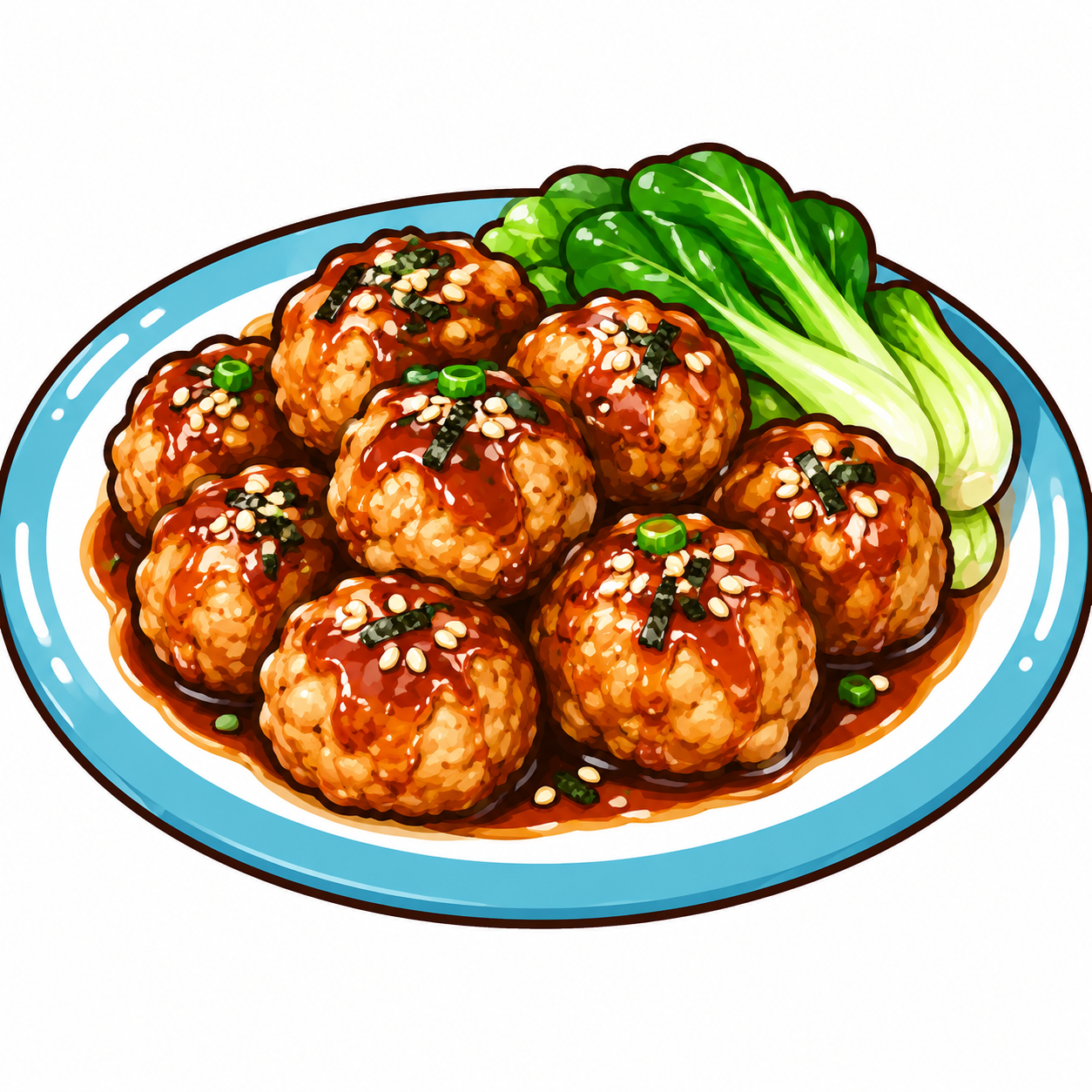 照烧鸡肉脆骨丸美食插画，Q版卡通手绘风格，粗黑描边，鲜艳饱满的… - 图片创意预览