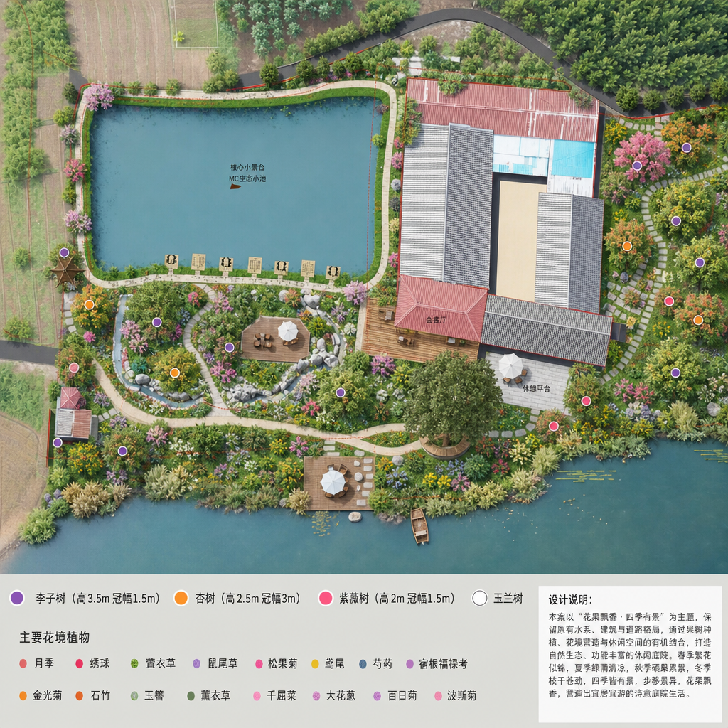 基于这张庭院平面图进行景观改造设计，将院子打造成果树与花境结合… - 图片创意预览