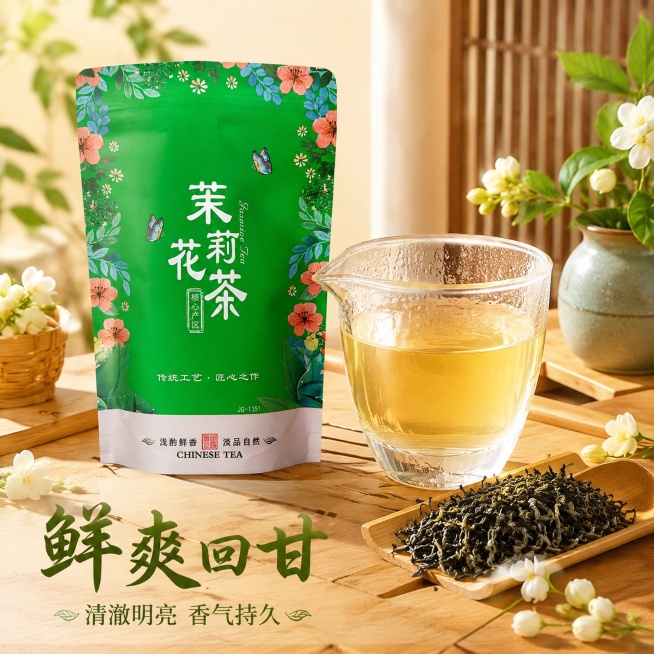 [主图-4] 冲泡体验场景展示主图。
[氛围风格] 温馨治愈喝茶场景，代入日常品茶感受；
[画质] 商业摄影质感，光线柔和通透，产品清晰真实，画面干净高级。
[元素] 透亮玻璃公道杯中盛放冲泡好的茉莉预览效果