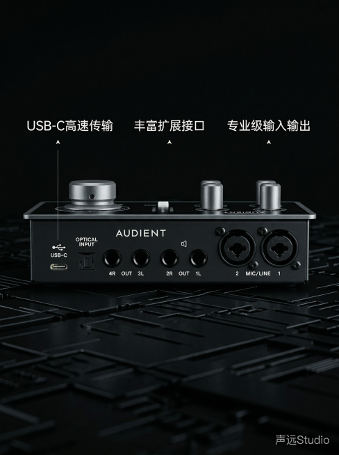 [主图3] Audient iD14 MKII声卡接口细节展示，黑色科技感背景，冷调硬光突出金属质感，声卡背面居中放置，外观和原图完全一致，放大展示USB-C接口、光纤输入接口、卡农输入接口细节，旁附预览效果