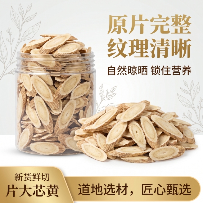 [主图 4] 黄芪产品电商主图，延续统一简约自然风格，杂志级精致排版。画面核心展示黄芪切片产品，保持米白与浅棕切片纹理、透明容器真实质感。左侧展示密封罐装黄芪全景，右侧倒出部分黄芪切片，清晰展示完整产预览效果