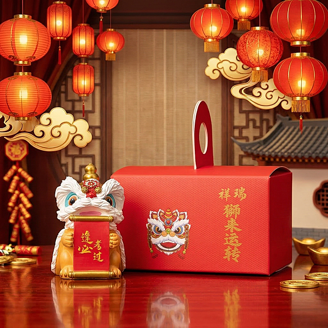 保留原图中的醒狮摆件和红色礼盒主体，将背景替换为喜庆的新春中式背景，有红色灯笼、金色祥云元素，氛围热闹红火，突出主体物品