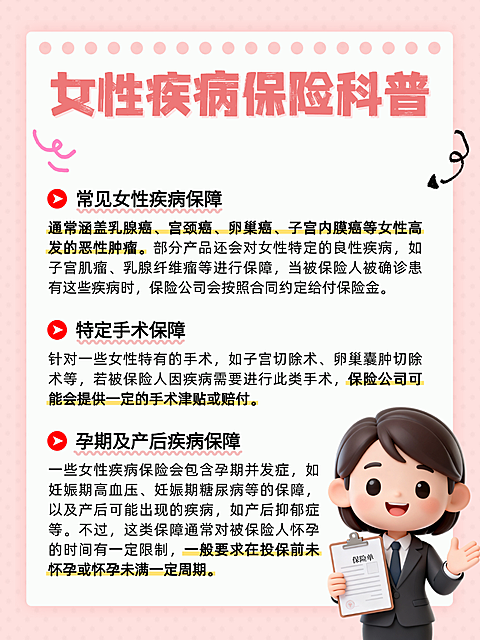 卡通风女性疾病保险科普知识分享小红书配图