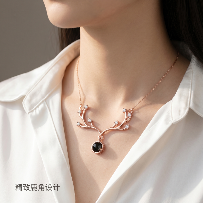 [主图 2] 项链佩戴效果展示图
[氛围风格] 温柔精致生活感；
[画质] 商业时尚摄影质感，光线自然柔和，产品清晰真实，画面高级干净。
[元素] 年轻亚洲女性模特颈部特写，佩戴这款玫瑰金鹿角项链，项预览效果