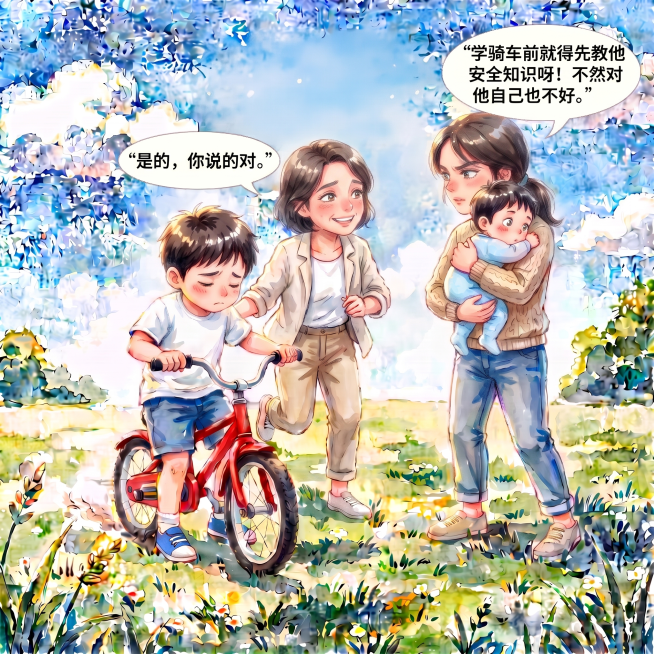 修改视线方向：让骑车男孩的妈妈眼睛看向小仙君的妈妈，而不是看向骑车男孩，保持其他所有内容不变：原有对话气泡、人物表情、小仙君被抱着、2K分辨率、水彩绘本公园背景不变预览效果