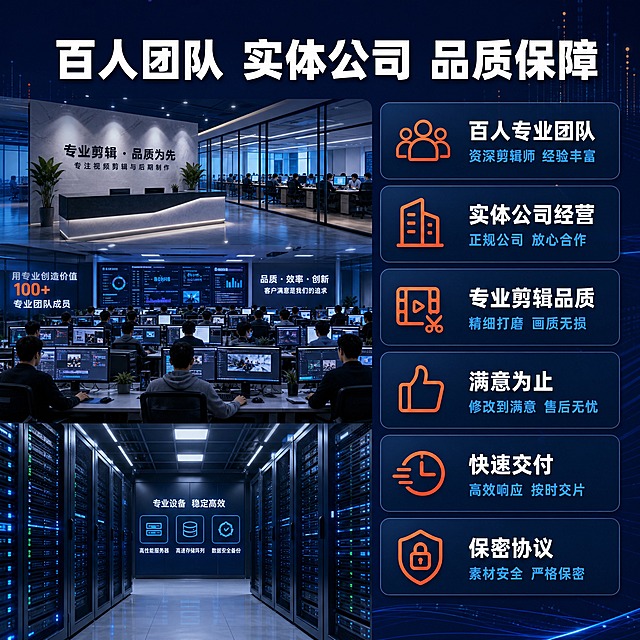 [主图-3] 专业实力与品质保障展示，突出百人团队和实体公司的专业实力。
[统一基调] 整体风格为专业商务科技风，背景主色为深蓝到藏青渐变，标题字色为纯白色，辅助字色为天蓝色，强调色为橙红色，字体为现代无衬线粗体，字号层级分明，卡片为半透明深色圆角矩形，图标为线性简约风。
[画面] 画面左侧展示实体公司场景，包括：现代化的办公区域、多人剪辑团队工作的场景剪影、专业的设备和服务器机房示意，体现实体公司和百人团队的规模。右侧是品质保障和服务优势的展示区域，用数据和图标组合的形式呈现核心优势。背景是深蓝色渐变，有城市建筑的剪影和数据流动的线条装饰，营造企业级专业氛围。
[光影质感] 专业商务质感，办公场景有真实的企业氛围，数据图标清晰有力，整体画面稳重可信，体现大公司的专业感。
[配色] 主色调为深蓝色、藏青色、天蓝色、橙红色、白色，企业场景为冷色调，强调数据用橙红色突出。
[文字版式] 顶部主标题"百人团队 实体公司 品质保障"用白色大号粗体居中。右侧竖向排列六个优势卡片，每个卡片为半透明深色圆角矩形，左侧是橙红色图标，右侧是文字：第一个"百人专业团队"大字白色，下方小字"资深剪辑师 经验丰富"天蓝色；第二个"实体公司经营"大字白色，下方小字"正规公司 放心合作"天蓝色；第三个"专业剪辑品质"大字白色，下方小字"精细打磨 画质无损"天蓝色；第四个"满意为止"大字白色，下方小字"修改到满意 售后无忧"天蓝色；第五个"快速交付"大字白色，下方小字"高效响应 按时交片"天蓝色；第六个"保密协议"大字白色，下方小字"素材安全 严格保密"天蓝色。
[输出要求] 1:1正方形比例，文字清晰，实力展示直观可信，排版整齐，无变形、无错字、无模糊、无水印、无平台Logo。