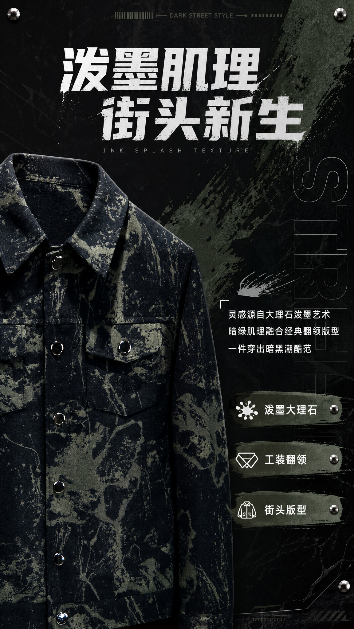 [第2张] 详情页设计理念-暗绿泼墨大理石纹翻领夹克暗黑街头灵… - 图片创意预览