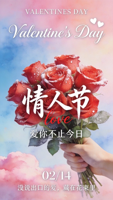 一只手握着一束红玫瑰，花瓣上带有细腻的白色糖霜/水珠效果，背景是粉蓝渐变的水彩质感天空，底部点缀着粉色云朵。顶部是白色衬线小字体"VALENTINES DAY"，下方是优雅的白色手写体大字"Valen预览效果
