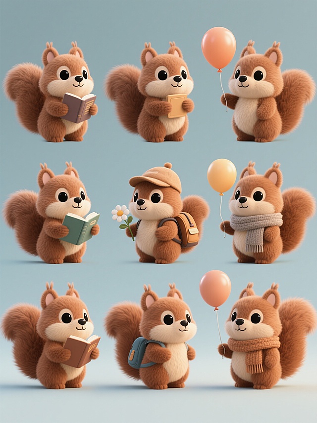 软3D风格的可爱松鼠，拟人化设计，毛发生长细腻，手持书本、气球与花朵，展现温馨趣味的卡通感。