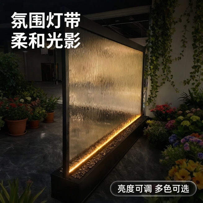 [主图 2] 水幕墙LED暖光氛围效果展示
[氛围/风格] 氛围感高级质感，夜晚暖调，突出光影效果。
[画面元素] 保持原有产品外观不变，展示水幕墙在傍晚室内空间的灯光效果，底部暖光LED灯带照亮水幕预览效果