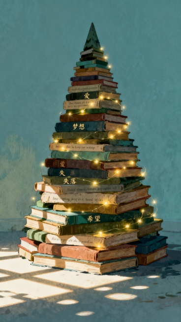 遗忘书店之树
核心概念：一棵由无人问津的旧书堆砌而成的塔形圣诞树。每一本书都是一个被遗忘的世界，树本身则是一座关于记忆与时间的纪念碑。

形态百变：

日间模式：安静矗立，书脊颜色构成宁静的色谱。阳光预览效果