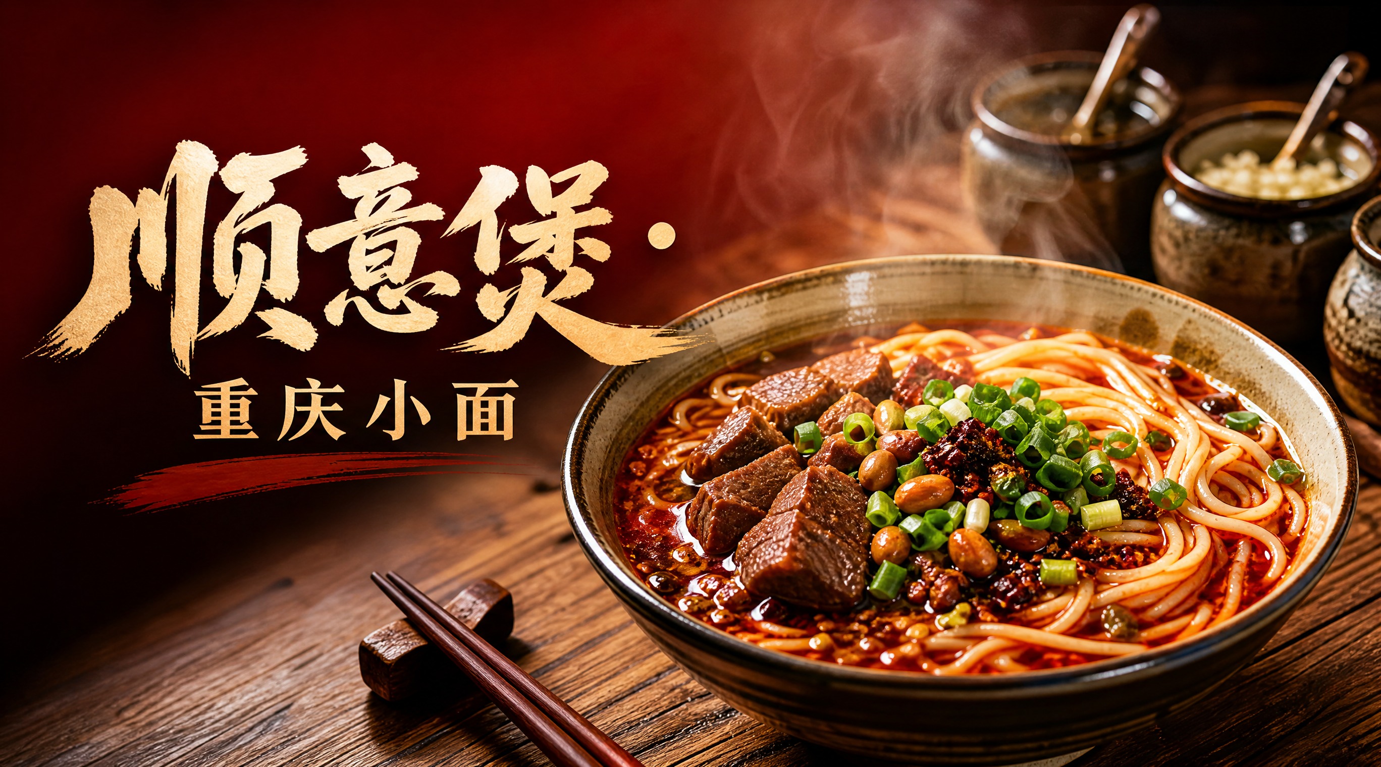 重庆小面店铺店招设计，702x392横版，画面主体是一碗热气腾… - 图片创意预览