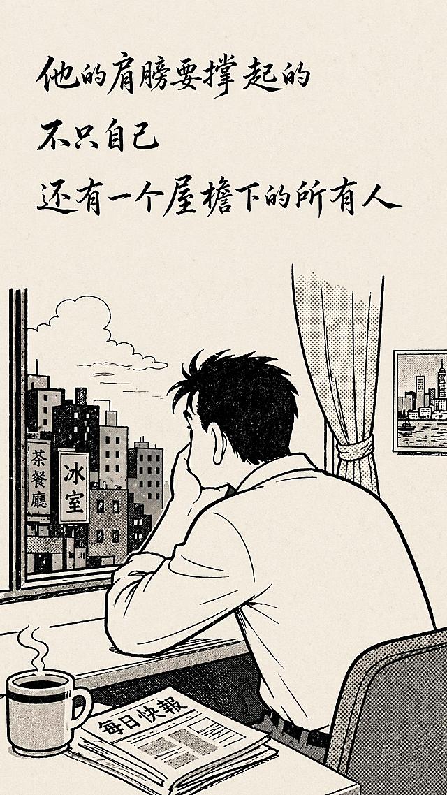 简化画面，改为类似老夫子漫画的简约复古港风黑白漫画风格，保留竖版构图、一个男人在窗前发呆的主体，保留三行文案：第一行"他的肩膀要撑起的"，第二行"不只自己"，第三行"还有一个屋檐下的所有人"，字体保持黑色草书