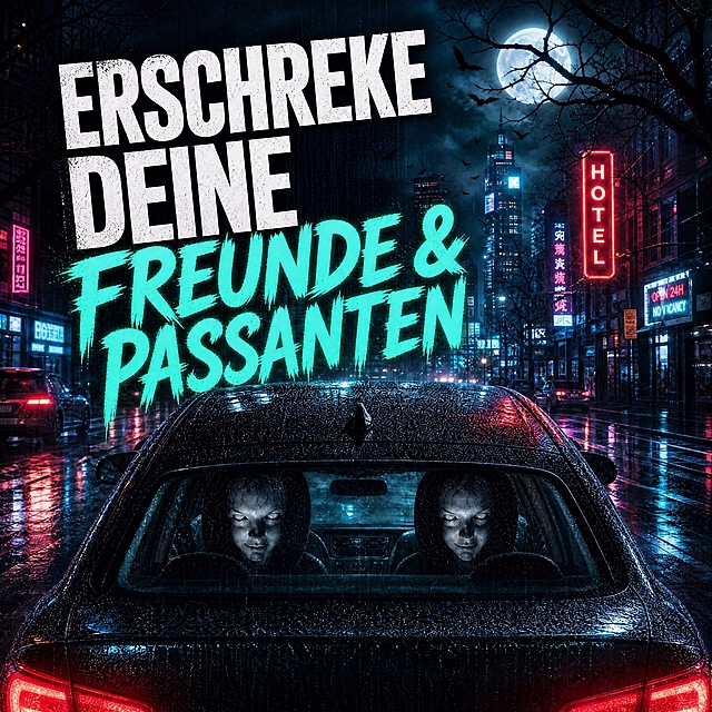 将图4顶部英文大标题替换为德语：白色粗体做旧字"ERSCHREKE DEINE"，青绿色涂鸦笔触字"FREUNDE & PASSANTEN"。保持汽车、鬼脸头枕套、赛博朋克雨夜城市背景、月亮蝙蝠和霓虹招牌完全不变，只替换文字，字体风格和位置一致，超清正方形1:1主图