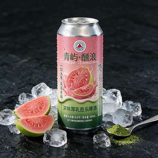 将背景替换为深色质感户外石台面。啤酒罐被晶莹剔透的冰块包围，罐身布满细密的冷凝水珠，水珠清晰有光泽，颗颗饱满，体现冰爽清凉的感觉。旁边点缀几颗新鲜的红心番石榴切片，还有一小勺抹茶粉和抹茶色的装饰粉，增加抹茶元素呼应浓抹厚乳。产品罐身保持原样，包装上的所有文字、图案、logo透过水珠依然清晰可辨、完整不变。高端商业摄影质感，冷调光线突出清凉感和水珠光泽，产品主体突出，画面干净高级。户外自然光从侧面照射。正方形构图。