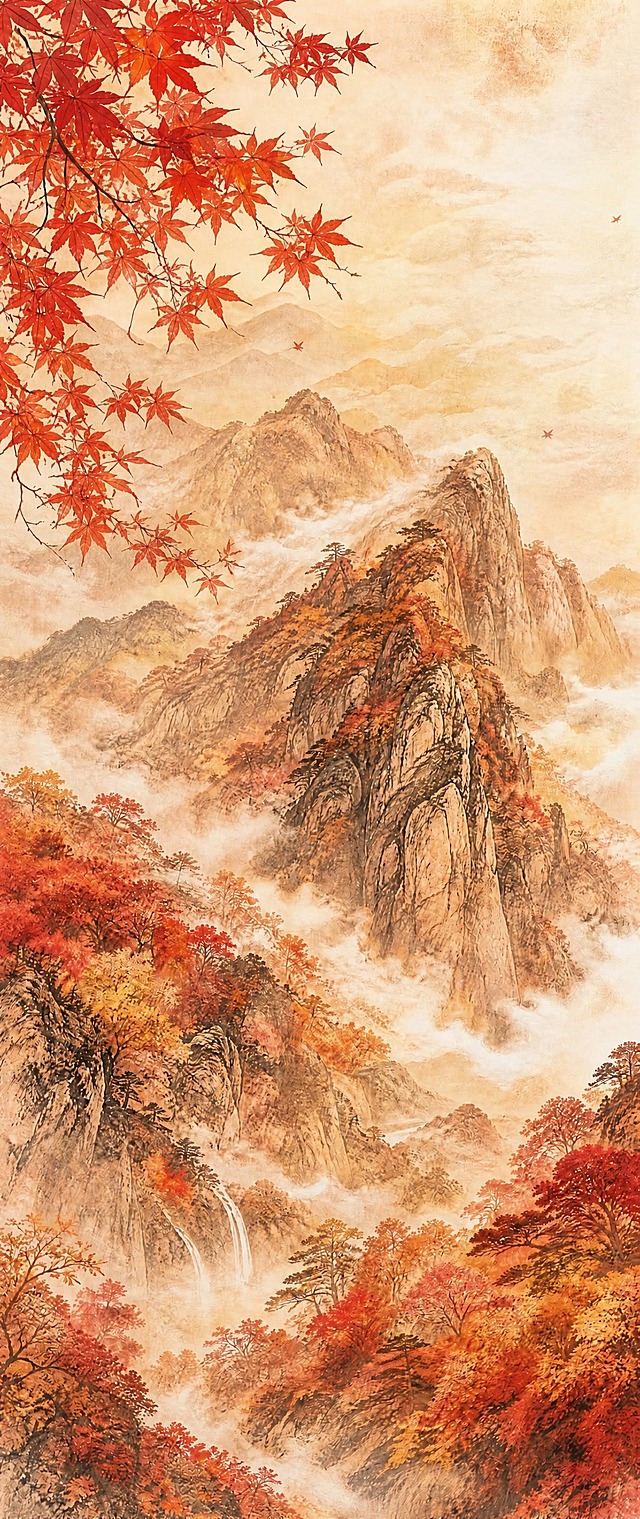 去除画面右侧竖排的「庐山秋如醉」全部文字，文字去除后用周围的天空、云雾和山景自然填补，保持画面完整统一，其余庐山秋景、枫叶、山峦、云雾、瀑布等所有元素保持不变，工笔国风风格一致，画质清晰。