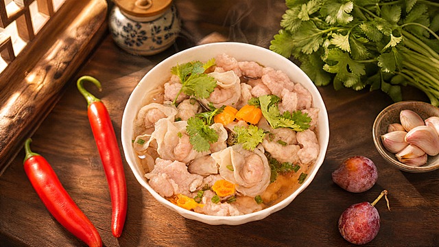 肉片肉燕汤碗严格参照上传产品图，完整保留碗的造型、汤品、肉片、肉燕、香菜、黄辣椒、葱花、红辣椒、小果子等所有可见组件、轮廓形状、结构、比例、材质质感、颜色与原图完全一致，自然融入新场景光影。
新中式厨房桌面场景，暖棕木色调，温馨烟火气氛围。
背景为深胡桃木台面，左上角隐约可见中式陶瓷调料罐与木质窗格一角，右侧搭配新鲜香菜束与蒜瓣小陶碗，蒸汽升腾感。
暖调午后侧光，产品受光面泛起暖棕色、暗部映射深木色光晕，与环境物理融合。
保持原图视角和构图不变，产品位置居中。
4K分辨率，严格锁定宽高比与原图一致。