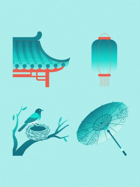中国传统风格平面设计，蓝绿色调纯色背景，四个规整排布的扁平化设计元素组成系列素材集合，每个元素均采用淡雅渐变色彩填充和简约线条勾勒：左上为青瓦飞檐的中式屋檐，屋顶呈蓝绿色渐变，屋檐下有红色简约线条装饰；右上为传统灯笼，主体为蓝绿色渐变，顶部和底部有红色线条点缀；左下为搭建在树枝上的鸟巢及停驻的飞鸟，鸟巢和树枝用蓝绿色线条勾勒，飞鸟羽毛呈蓝绿色渐变；右下为带有古典花纹的油纸伞，伞面为蓝绿色渐变，……预览效果