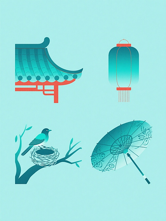 中国传统风格平面设计，蓝绿色调纯色背景，四个规整排布的扁平化设计元素组成系列素材集合，每个元素均采用淡雅渐变色彩填充和简约线条勾勒：左上为青瓦飞檐的中式屋檐，屋顶呈蓝绿色渐变，屋檐下有红色简约线条装饰；右上为传统灯笼，主体为蓝绿色渐变，顶部和底部有红色线条点缀；左下为搭建在树枝上的鸟巢及停驻的飞鸟，鸟巢和树枝用蓝绿色线条勾勒，飞鸟羽毛呈蓝绿色渐变；右下为带有古典花纹的油纸伞，伞面为蓝绿色渐变，伞骨和花纹用简约线条勾勒，整体视觉和谐统一，具有淡雅清新的传统韵味。