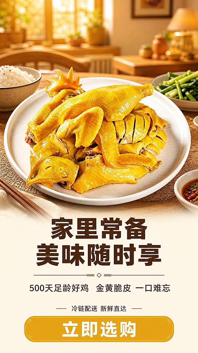 [第8张] 收尾转化-家庭常备囤货推荐。本张使用【图1】切块鸡图作为产品展示。
[氛围/风格] 温馨家庭餐桌风，暖金色调，家的味道氛围，温暖有归属感。
[元素布局] 画面中央偏上展示一盘切好的黄金脆皮鸡，白盘盛放，占比约50%；周围点缀家庭餐桌元素：米饭碗、筷子、蘸料小碟、青菜；背景为虚化的温馨餐厅环境；底部留大面积转化语区域；保持鸡肉颜色、切块形态与输入产品图一致。
[光影质感] 暖黄色顶光，整体温馨柔和，鸡皮油亮有光泽，餐桌元素自然真实，营造家的温暖感。
[配色色系] 全局底色 #FFF8E7 暖米黄底；主色 #D4A017 金黄色；辅助色 #8B4513 棕色文字、暖橙点缀。
[视角构图] 正面微俯视，产品居中偏上，阅读动线顶部产品 → 中部氛围 → 底部转化语。
[文字版式] 中下部主标题「家里常备 美味随时享」棕色粗黑体；副标题「500天足龄好鸡 金黄脆皮 一口难忘」棕色细体；底部金色圆角按钮区域写「立即选购」白色粗体字；按钮上方小字标注「冷链配送 新鲜直达」棕色细体；文字清晰可读，移动端友好。
[比例分辨率] 9:16 竖版比例，4K分辨率，文字清晰可辨，高清画质。
[负向提示词] 鸡肉变形，颜色偏差，水印，文字错乱，产品图模糊，氛围不自然。