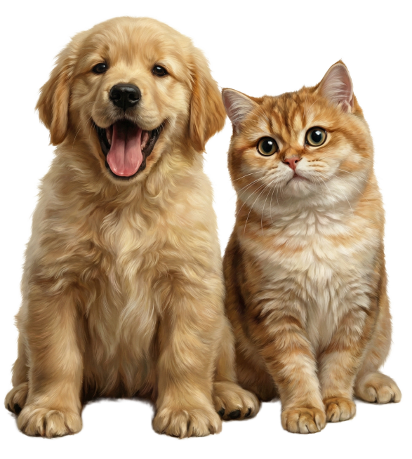 参照以上图片的艺术风格与媒介，并生成以下描述的图片：超写实油画风格，黄色金毛幼犬与橘白相间英国短毛猫并排坐立，幼犬张着嘴巴吐舌头表情活泼，猫咪睁大眼睛耳朵竖起眼神好奇，采用古典油画的细腻笔触与层次感表预览效果