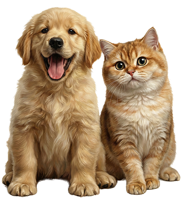 参照以上图片的艺术风格与媒介，并生成以下描述的图片：超写实油画风格，黄色金毛幼犬与橘白相间英国短毛猫并排坐立，幼犬张着嘴巴吐舌头表情活泼，猫咪睁大眼睛耳朵竖起眼神好奇，采用古典油画的细腻笔触与层次感表现毛发质感，背景为美术馆级纯白色，光影处理借鉴伦勃朗式明暗对比，整体画面融合写实主义的精确与古典绘画的优雅，构图居中对称，细节极致清晰